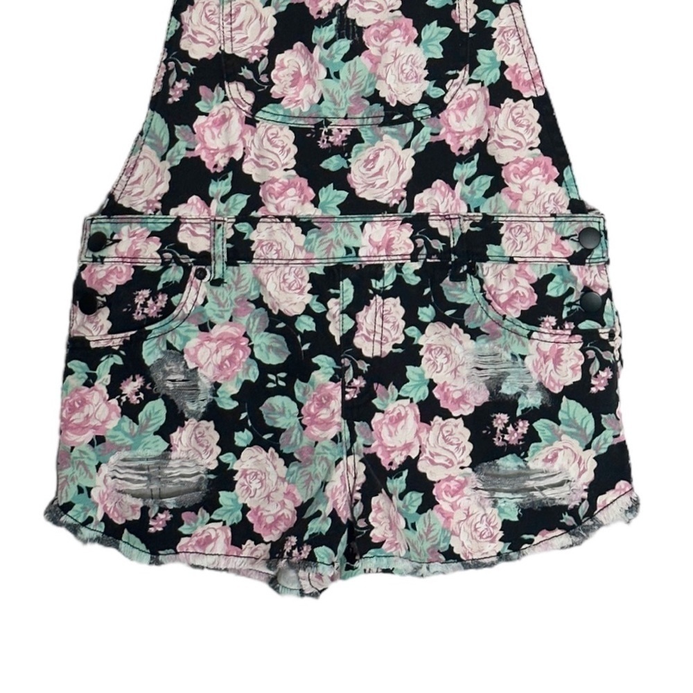 Forever 21 Rose Floral Print Distressed Premium Denim Overalls Size 27 - Picture 7 of 9